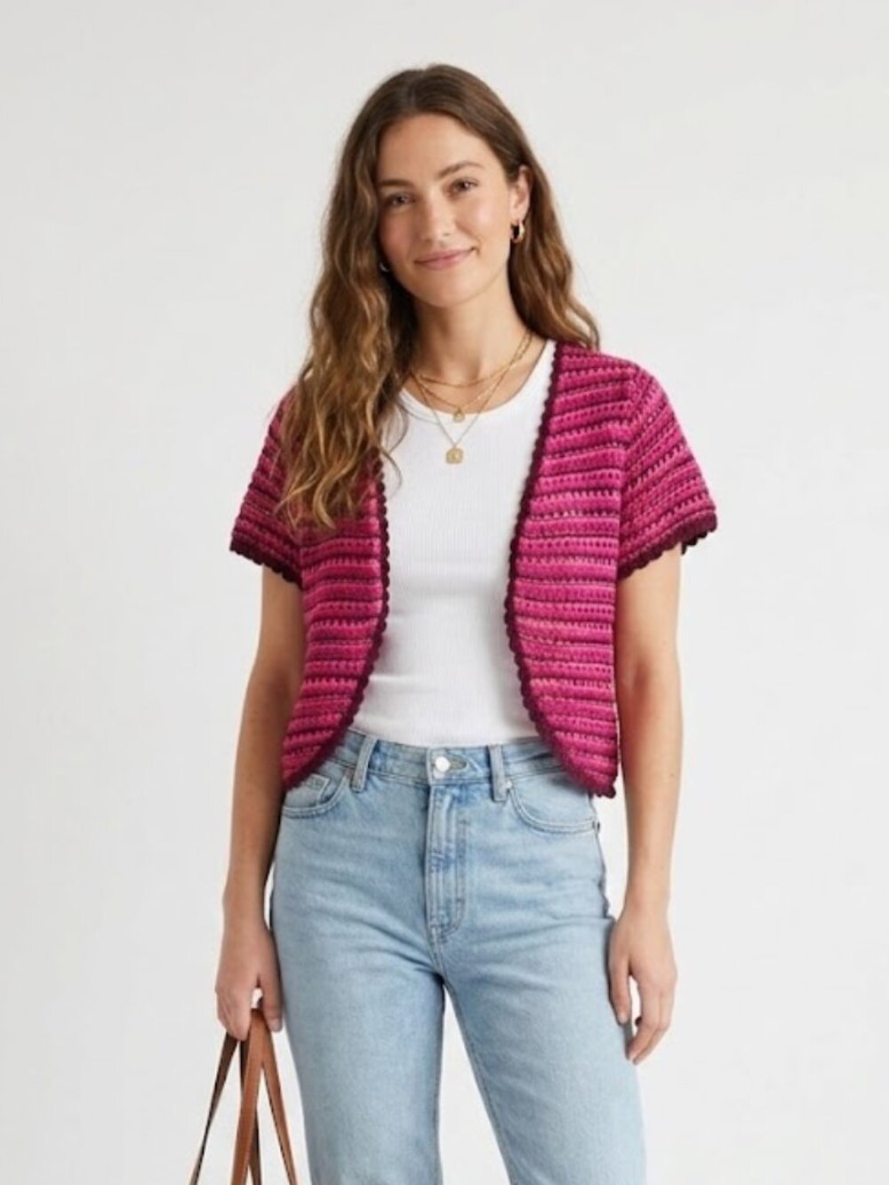 Liz Claiborne New York Pink Crochet Open Front Cropped Cardigan Ramie Cotton L